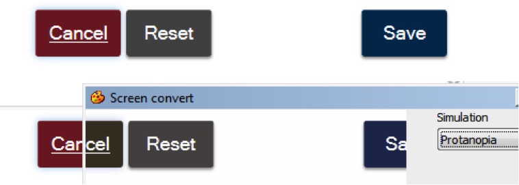 The Colour Contrast Analyser shows that a red button is indistinguishable from a gray button for people with protanopia